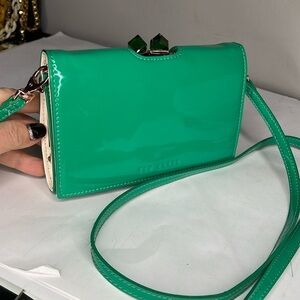 Ted Baker Patent Green Crystal Square Wallet On a Chain Clutch Crossbody Bag